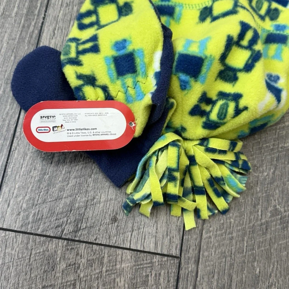 NWT Little Tikes Kids Fleece Beanie Mittens Set Robot Print Neon Green Blue OSFA